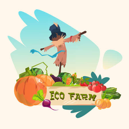 Scarecrow On Vegetable Field Eco Farming Logo Concept Flat Vector Illustrationのイラスト素材