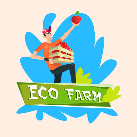 Farmer Hold Box With Apple Garden Fruit Harvest Flat Vector Illustrationのイラスト素材