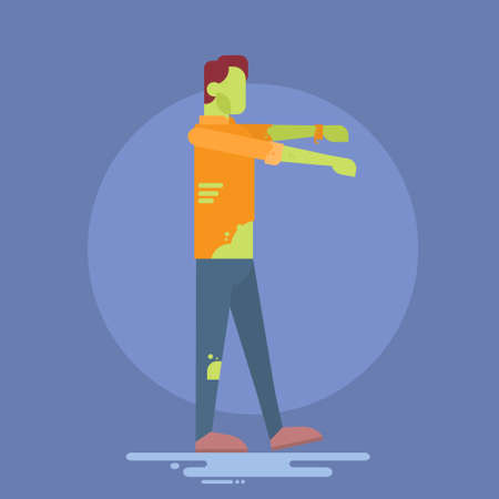 Halloween Banner Green Zombie Walking Cartoon Character Flat Vector Illustrationのイラスト素材
