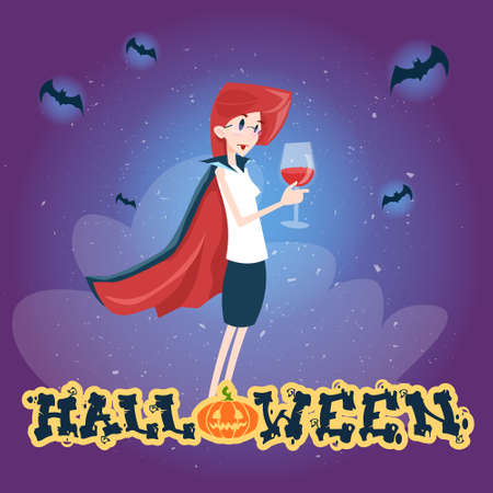 Happy Halloween Banner Invitation Card Vampire Cartoon Woman Character Flat Vector Illustrationのイラスト素材