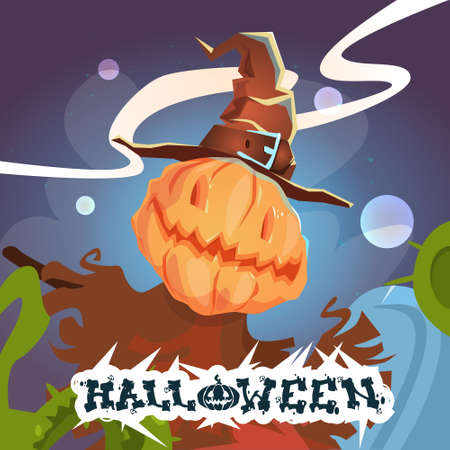 Happy Halloween Banner Scarecrow With Pumpkin Scary Face Flat Vector Illustrationのイラスト素材