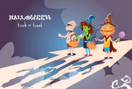 Happy Halloween Banner Chilren Ib Costumes Party Invitation Banner Flat Vector Illustrationのイラスト素材