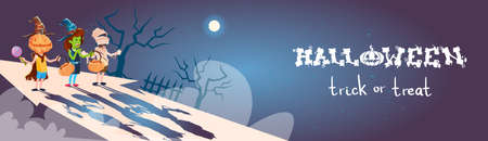 Happy Halloween Banner Chilren Ib Costumes Party Invitation Banner Flat Vector Illustrationのイラスト素材