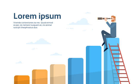 Businessman Sit On Financial Bar Graph With Binoculars Successful Future Flat Vector Illustrationのイラスト素材
