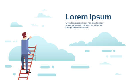 Businessman Climb Up Ladder Stairs, Concept Business Man Sky Clouds Flat Vector Illustrationのイラスト素材