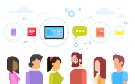 People Digital Device Social Network Communication Flat Vector Illustrationのイラスト素材