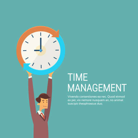 Business Man With Clock Time Management Concept Flat Vector Illustrationのイラスト素材