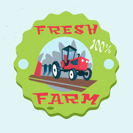 Tractor Plowing Field Eco Fresh Farm Logo Flat Vector Illustrationのイラスト素材