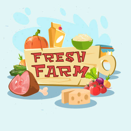 Natural Products Set Eco Fresh Farm Logo Flat Vector Illustrationのイラスト素材