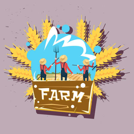 Farmer Group Wheat Harvest Fresh Eco Farm Logo Flat Vector Illustrationのイラスト素材