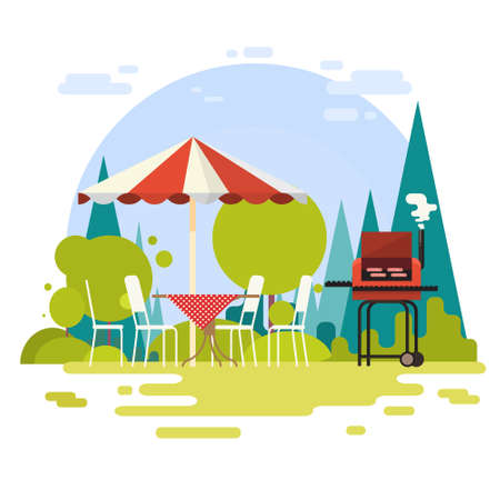 Summer Picnic Outdoors Barbecue Grill Party Flat Vector Illustrationのイラスト素材