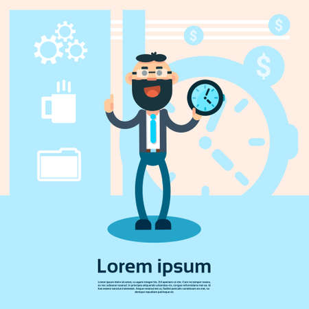 Business Man Hold Alarm Clock Point Finger Up Working Timetable Concept Flat Vector Illustrationのイラスト素材