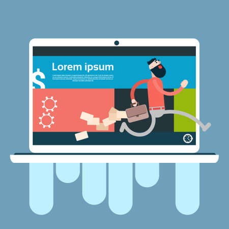 Business Man Run From Cell Smart Phone Holding Briefcase Losing Paper Documents Flat Vector Illustrationのイラスト素材