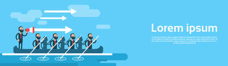 Business Man Group Team In Boat Teamwork Leadership Concept Flat Vector Illustrationのイラスト素材