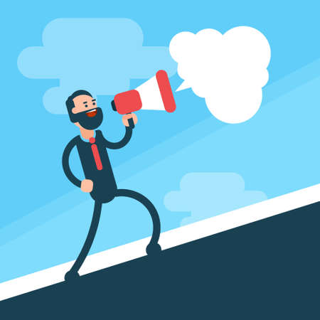 Business Man Go Up Hold Megaphone Speaker Flat Vector Illustrationのイラスト素材