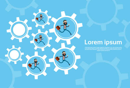 Business People Group Run In Cog Wheel Concept Teamwork Flat Vector Illustrationのイラスト素材