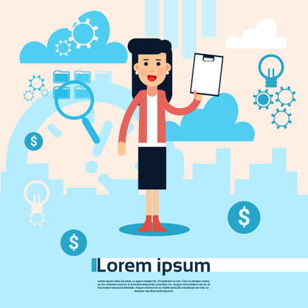 Business Woman Hold Paper Document Flat Vector Illustrationのイラスト素材