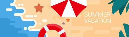 Summer Beach Vacation Set Sand Tropical Banner Flat Vector Illustration