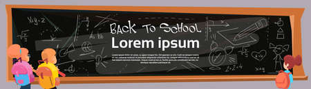 Schoolchildren Group Over Class Board Lesson Back To School Banner Flat Vector Illustrationのイラスト素材