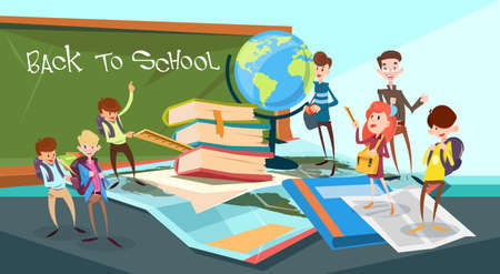 Schoolchildren Group Classroom Back To School Banner Flat Vector Illustrationのイラスト素材