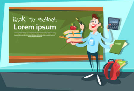 Math Teacher Over Class Board Back To School Education Banner Flat Vector Illustrationのイラスト素材