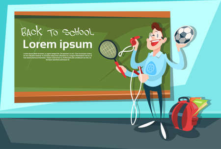 Sport Trainer Over Class Board Back To School Education Banner Flat Vector Illustrationのイラスト素材