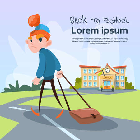 Sad Schoolboy Go Back To School Education Banner Flat Vector Illustrationのイラスト素材