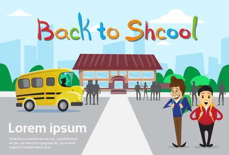 Schoolboys Over Schoolbus School Building Background Education Banner Flat Vector Illustrationのイラスト素材