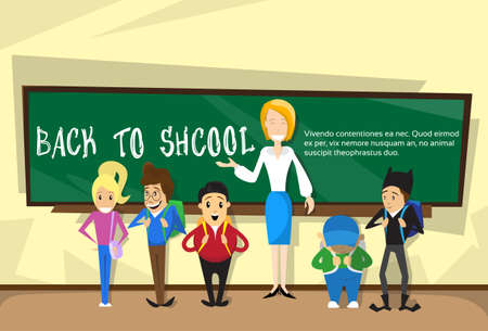 Teacher With Pupils In Class Back To School Education Banner Flat Vector Illustrationのイラスト素材