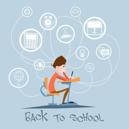 Schoolboy Sit School Desk Abstract Education Background Concept Flat Vector Illustrationのイラスト素材