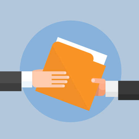 Hands Give Folder Document Papers, Concept Businessmen Share Information Data Icon Flat Vector Illustrationのイラスト素材