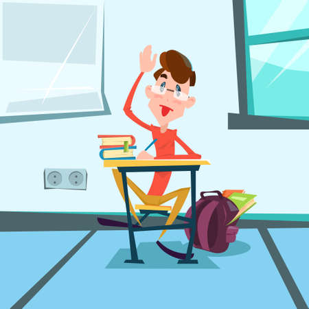 Schoolboy Sit School Desk Classroom Lesson Flat Vector Illustrationのイラスト素材