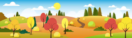 Autumn Landscape Forest Road Blue Cloud Sky Tree Flat Design Vector Illustrationのイラスト素材