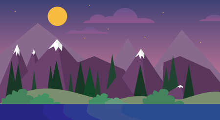 Night Landscape Mountain Moon Sky Woods Flat Vector Illustrationのイラスト素材