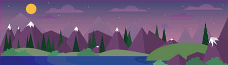 Night Landscape Mountain Moon Sky Woods Flat Vector Illustrationのイラスト素材