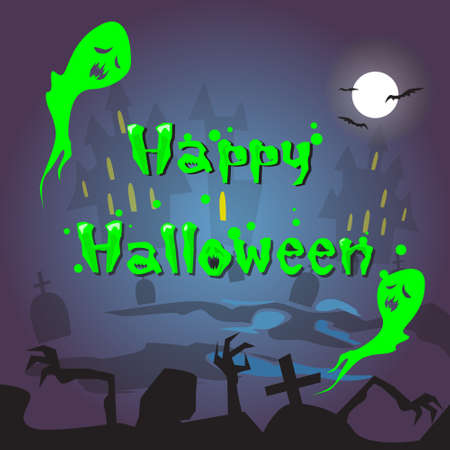 Happy Halloween Ghosts House Cemetery Graveyard Card Banner Flat Vector Illustrationのイラスト素材