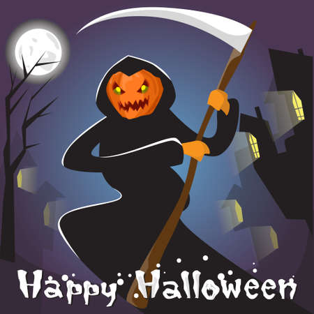 Grim Reaper With Pumpkin Face Hold Scythe Happy Halloween Banner Greeting Card Flat Vector Illustrationのイラスト素材