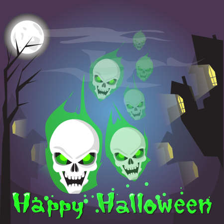 Happy Halloween Skull Human Head Ghost Banner Scary Face Flat Vector Illustrationのイラスト素材