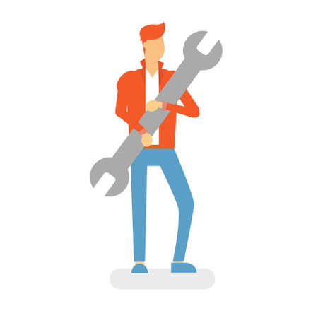Man Hold Wrench Service Worker Flat Vector Illustrationのイラスト素材