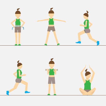 Sport Fitness Woman Set Exercise Workout Girl Flat Icon Vector Illustrationのイラスト素材