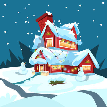 Christmas Eve Holiday House Winter Snow, Snowman Gift Greeting Card Flat Vector Illustrationのイラスト素材