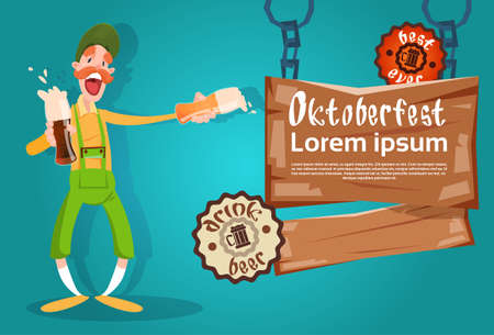 Bearded Man Hold Beer Glasses Oktoberfest Festival Banner Flat Vector Illustrationのイラスト素材