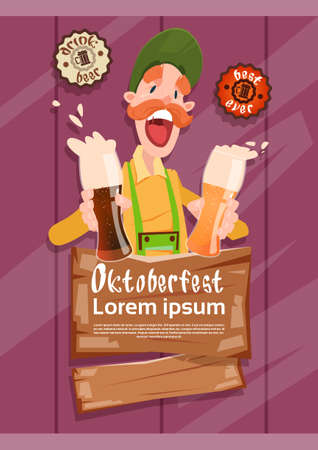 Bearded Man Hold Beer Glasses Oktoberfest Festival Banner Flat Vector Illustrationのイラスト素材