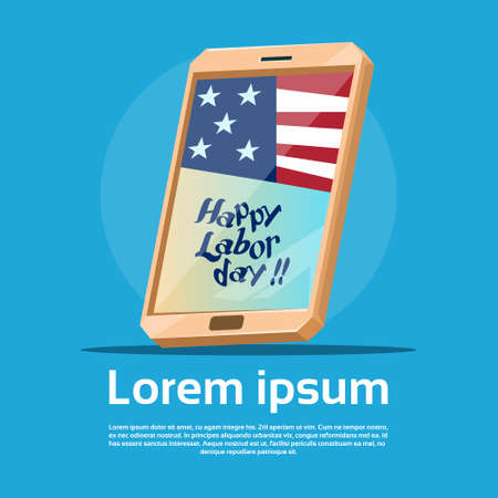 Cell Smart Phone With US Flag American Labor Day USA Holiday Flat Vector Illustrationのイラスト素材