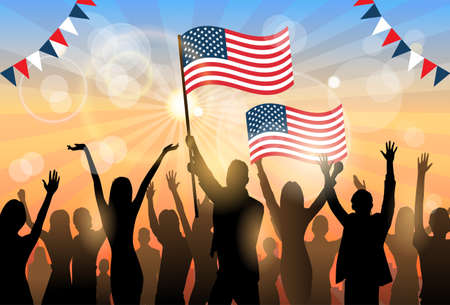 People Group Silhouette Crowd Hold Flag United States America Patriot Day Celebration Vector Illustrationのイラスト素材