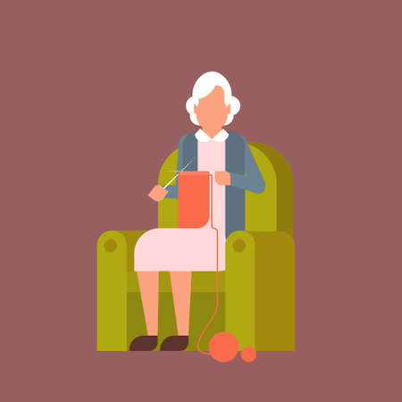 Grandmother Sitting In Armchair Kniting Flat Vector Illustrationのイラスト素材