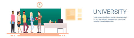 Student Group Over Chalkboard University Education Flat Vector Illustrationのイラスト素材