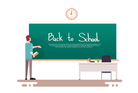 Teacher Write On Chalkboard Back To School Flat Vector Illustrationのイラスト素材