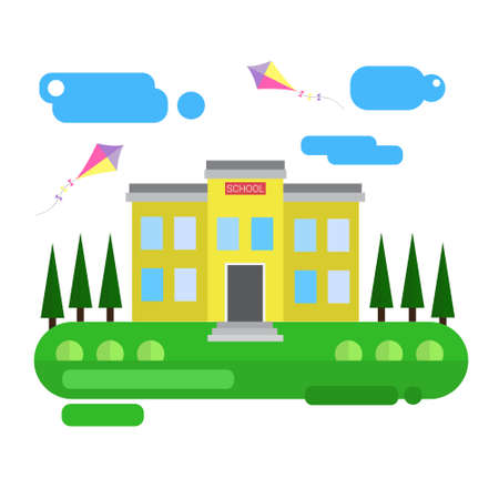 School Building Exterior City View Flat Vector Illustrationのイラスト素材