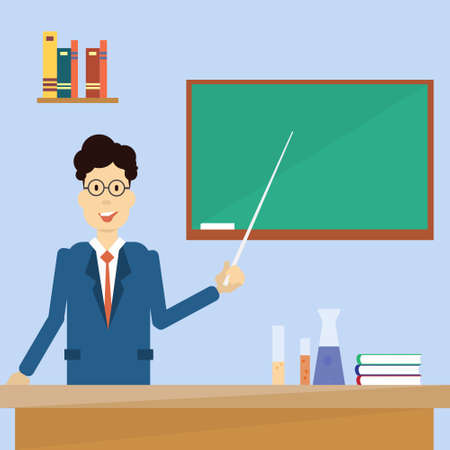 Professor Point Pointer To Green School Clack Board Flat Vector Illustrationのイラスト素材